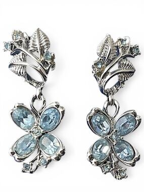 Vintage Coro Signed Earrings Ice Blue Faceted Silver Tone Dangle Flower Leaves